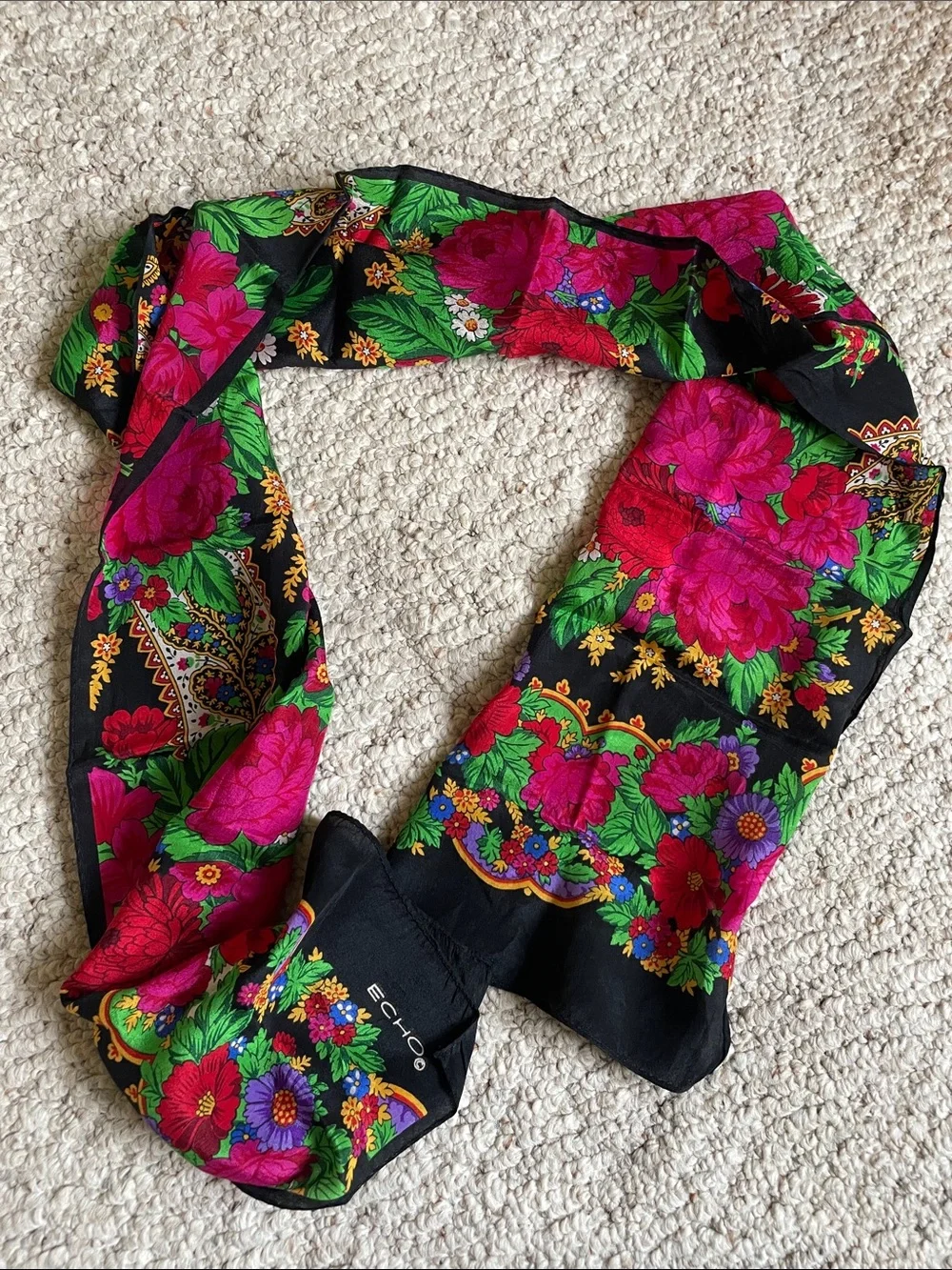 Echo Floral Vintage Silk Versatile Scarf in Black, Fuchsia and Green